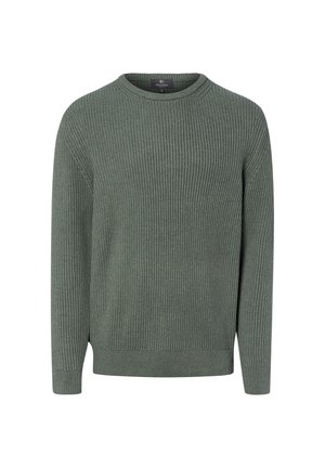 Sweter z długim rękawem i okrągłym dekoltem w kolorze oliwkowym, z prążkowanym wzorem dzianiny oraz dopasowanymi mankietami i dołem.