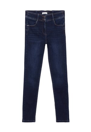 Jean en denim bleu foncé à coupe slim, avec une fermeture à bouton et zip, des poches avant et des détails de surpiqûre contrastés.