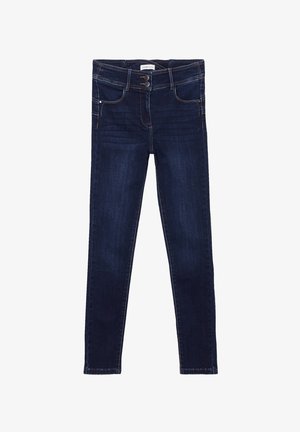 Dunkelblaue Denim-Jeans mit slim fit, ausgestattet mit einem Knopf- und Reißverschluss, vorderen Taschen und Kontrastnähten.