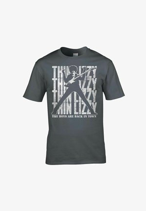 Szara bawełniana koszulka z grafiką przedstawiającą muzyka z gitarą, otoczonego tekstem "THIN LIZZY" oraz "THE BOYS ARE BACK IN TOWN."