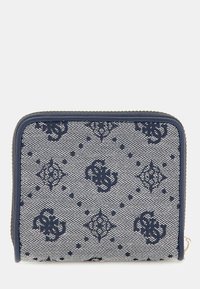 Navy and beige zippered wallet featuring a textured fabric with a diamond pattern and logo accents throughout. Dimensions are compact.