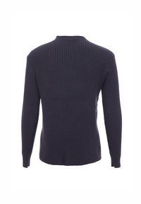Maglione a coste di colore blu navy con maniche lunghe e scollo a girocollo. Presenta una superficie struttura e una silhouette aderente.