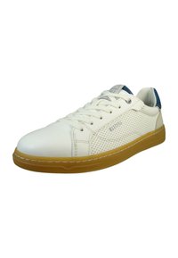 Weiße Leder-Sneaker mit Perforationen, Gummisohle und blauen Akzenten an der Ferse. Ausgestattet mit weißen Schnürsenkeln und kontrastierenden Nähten.
