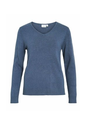 Blå v-neck tröja i mjukt stickat tyg. Har långa ärmar och ribbat fåll. Enkelt mönster utan ytterligare mönster eller detaljer.