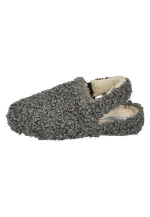 Gray slip-on slippers made of textured, curly fabric with a soft, plush interior lining. Open back design with a rounded toe.