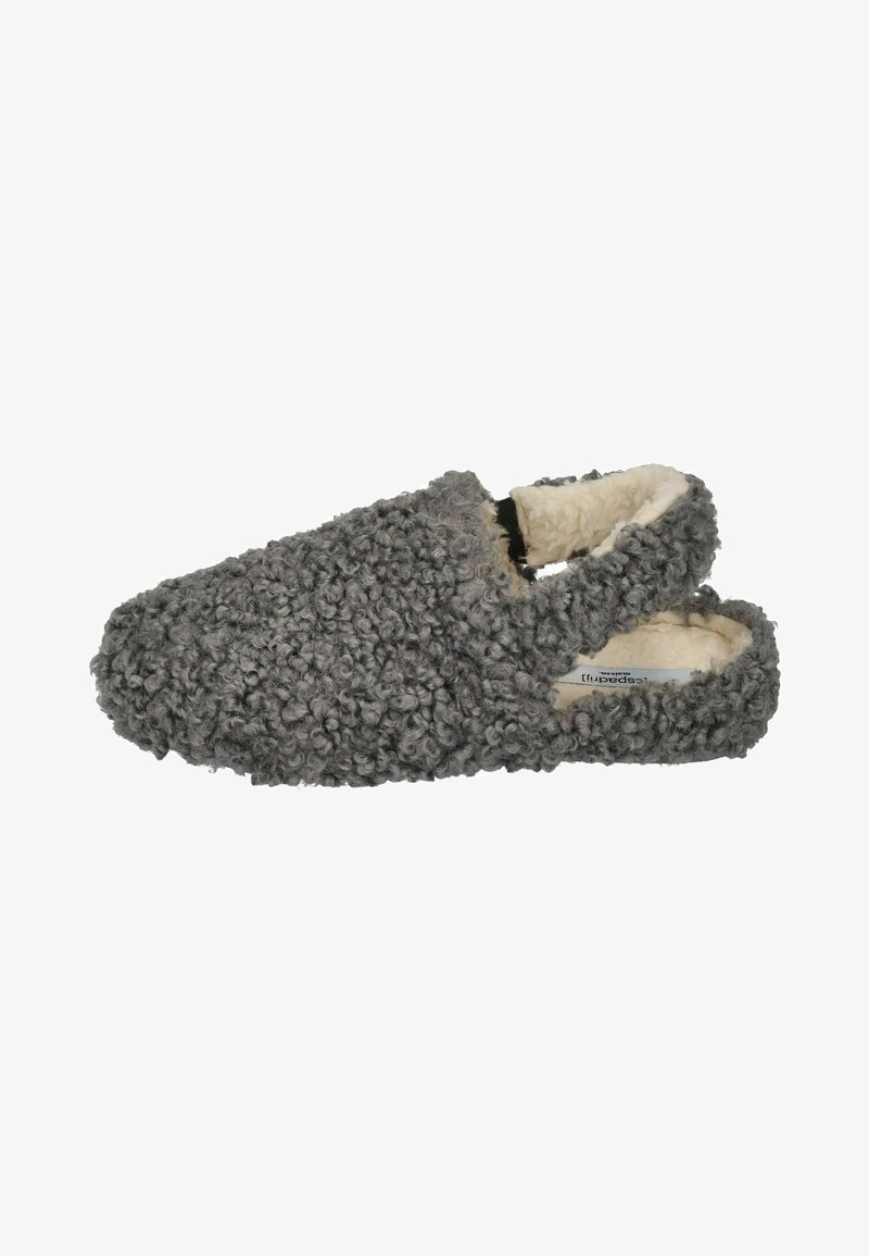 Gray slip-on slippers made of textured, curly fabric with a soft, plush interior lining. Open back design with a rounded toe.