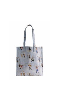Světle modrá taška přes rameno s hravým potiskem tanečníků a umělců v různých pózách. Vyrobená z textilu s pevnými uchy.