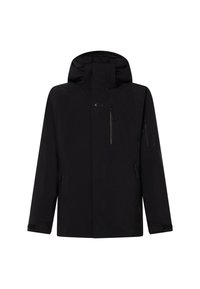 Veste imperméable noire avec capuche, poches zippées et poignets réglables. Présente un design élégant et une texture lisse.