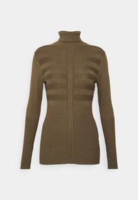 Maglione a collo alto verde oliva con un design aderente, texture a costine e motivo a righe orizzontali sul petto e sulle spalle.
