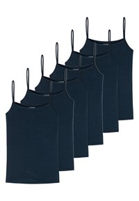 Sæt af seks navy blue cami-toppe, lavet af blødt stof. Har tynde stropper og et enkelt, lige snit. Ingen mønstre eller udsmykninger.