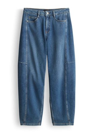 Blaue Jeans aus Denim mit lockerem Schnitt, geraden Beinen, fünf Taschen und kontrastierenden Seitennähten für zusätzlichen Designakzent.