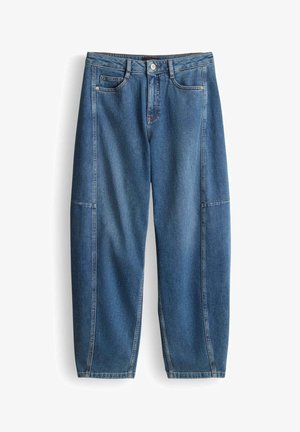Blaue Jeans aus Denim mit lockerem Schnitt, geraden Beinen, fünf Taschen und kontrastierenden Seitennähten für zusätzlichen Designakzent.