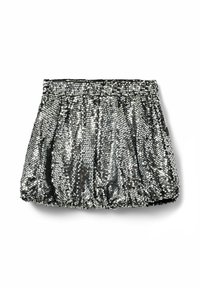 Sølvfarvet paillet mini nederdel med elastisk talje, der har et fluffy rynket design og en glat inderfor.