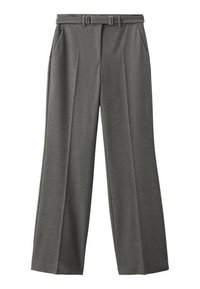 Pantaloni grigi a gamba larga realizzati in tessuto testurizzato. Presentano una cintura con fibbia rettangolare e due tasche laterali. Vestibilità su misura.