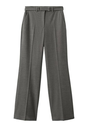 Pantaloni grigi a gamba larga realizzati in tessuto testurizzato. Presentano una cintura con fibbia rettangolare e due tasche laterali. Vestibilità su misura.