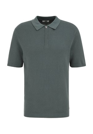 Kratka rokav teksturirana pletena polo majica v zatemnjeni zeleni barvi z zložljivo ovratnico in četrtinskim zadrgo spredaj.