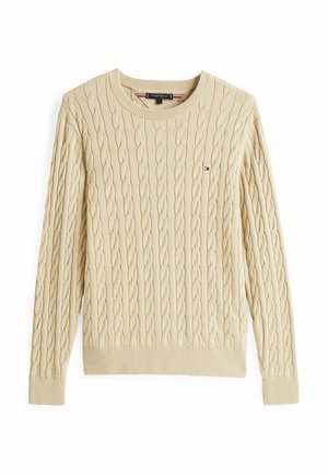 Beiger, kabelgestrickter Pullover mit Rundhalsausschnitt, langen Ärmeln und kleinem Tommy Hilfiger-Logo auf der linken Brust.