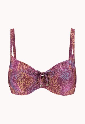 Reggiseno con ferretto a fantasia viola e oro con spalline regolabili e fiocco decorativo frontale.