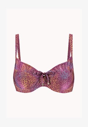 Sujeción con aros de diseño morado y dorado, con tirantes ajustables y un lazo decorativo en la parte delantera.