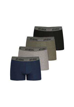 Pack de quatre boxers pour hommes en marine, gris, olive et noir ; design ajusté avec une ceinture élastique grise arborant la marque "ATHENA".