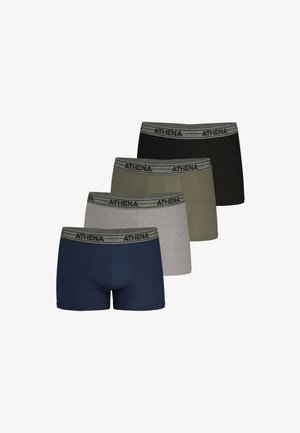 Pack de quatre boxers pour hommes en marine, gris, olive et noir ; design ajusté avec une ceinture élastique grise arborant la marque "ATHENA".