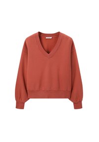 Sweatshirt à manches longues de couleur rouille avec un col en V, des poignets et un ourlet côtelés, présenté sur un fond blanc.