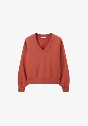 Rust-colored long-sleeve sweatshirt with V-neck, ribbed cuffs, and hem, displayed on a white background.