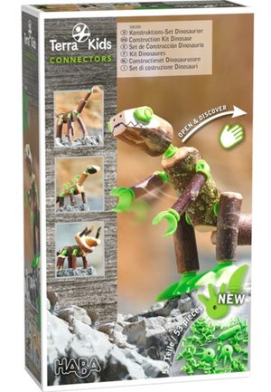 Bausatzbox mit Holz-Dino-Figuren und grünen Verbindungsstücken. Enthält Bilder der fertigen Modelle. Insgesamt 53 Teile.