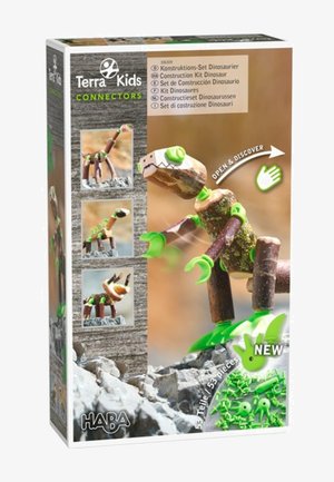 Boîte de kit de construction comprenant des figures de dinosaures en bois avec des pièces de connexion vertes. Comprend des images des modèles complets. 53 pièces au total.