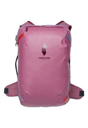 Pink rektangulær Cotopaxi rygsæk med polstrede stropper, frontlynlåslomme og logo med lama-hoved i gradientfarver.