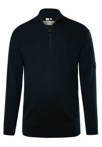 Marineblauer Zip-Kragen-Pullover aus geripptem Strickstoff. Mit langen Ärmeln und einem runden Kragen, der mit einem kleinen Reißverschluss und einem Logopatch am Ärmel versehen ist.