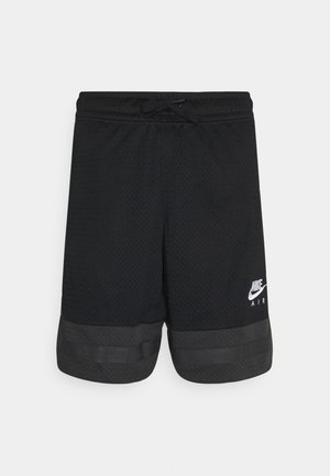 Schwarze Mesh-Sportshorts mit einem elastischen Bund, Kordelzugdetails und grauen Akzentbändern am Saum. Mit kleinem weißem Logo.