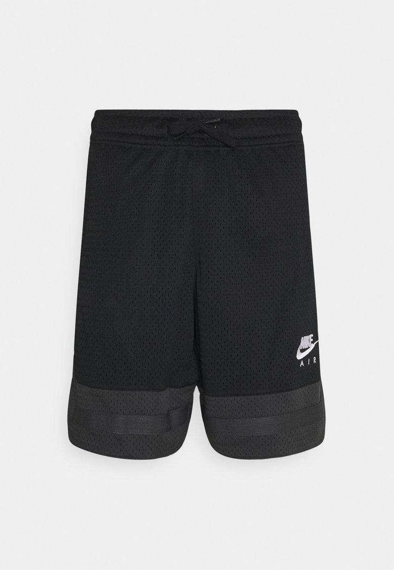 Shorts de sport en mesh noirs avec une taille élastique, un cordon de serrage et des bandes d'accent grises au bas. Présente un petit logo blanc.