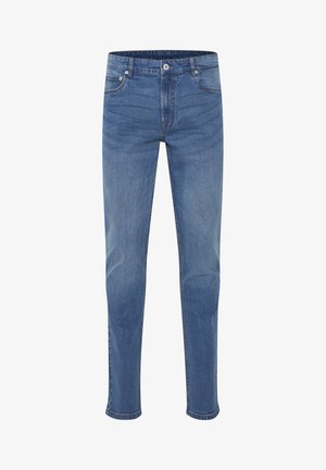 Blauwe denim jeans met een slim fit, met vijf zakken, een ritssluiting en subtiele vervagingen over de stof.