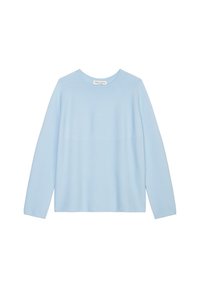 Pull bleu clair en tissu doux, avec un col rond et des manches longues, à coupe décontractée et sans motifs ni accessoires visibles.