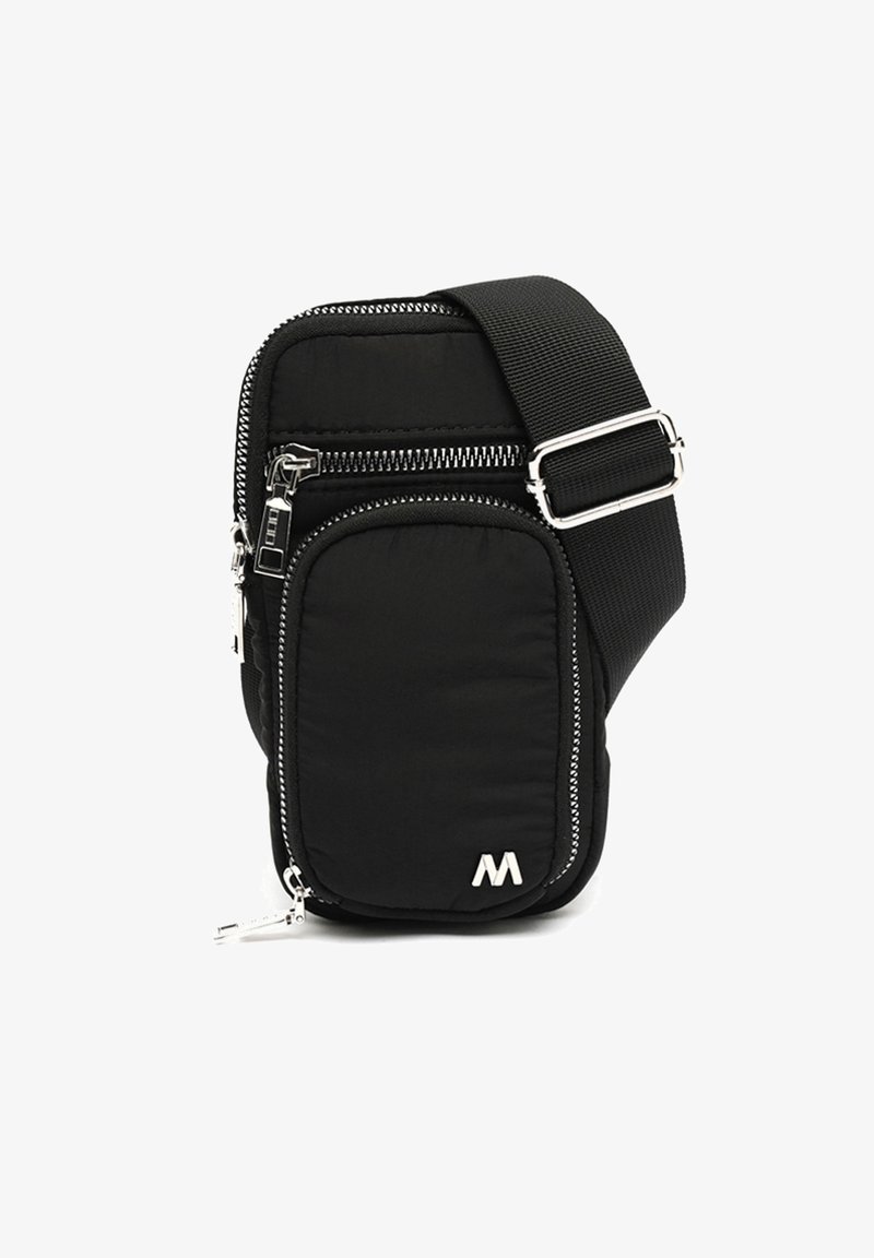 Black crossbody bag made of textured fabric, featuring a zippered main compartment and front pocket, silver hardware, and adjustable strap.