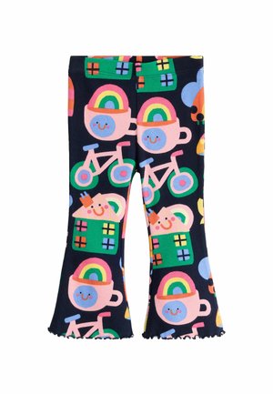 Rozkloszowane legginsy dziecięce z uśmiechniętymi twarzami kubków, tęczami, rowerami i kolorowymi wzorami domków na ciemnym tle.
