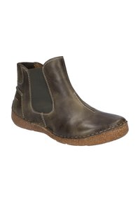 Braune Leder-Stiefelette mit elastischen Seitenteilen, genähten Details und einer strukturierten Korksohle. Entworfen für einfachen Einstieg.