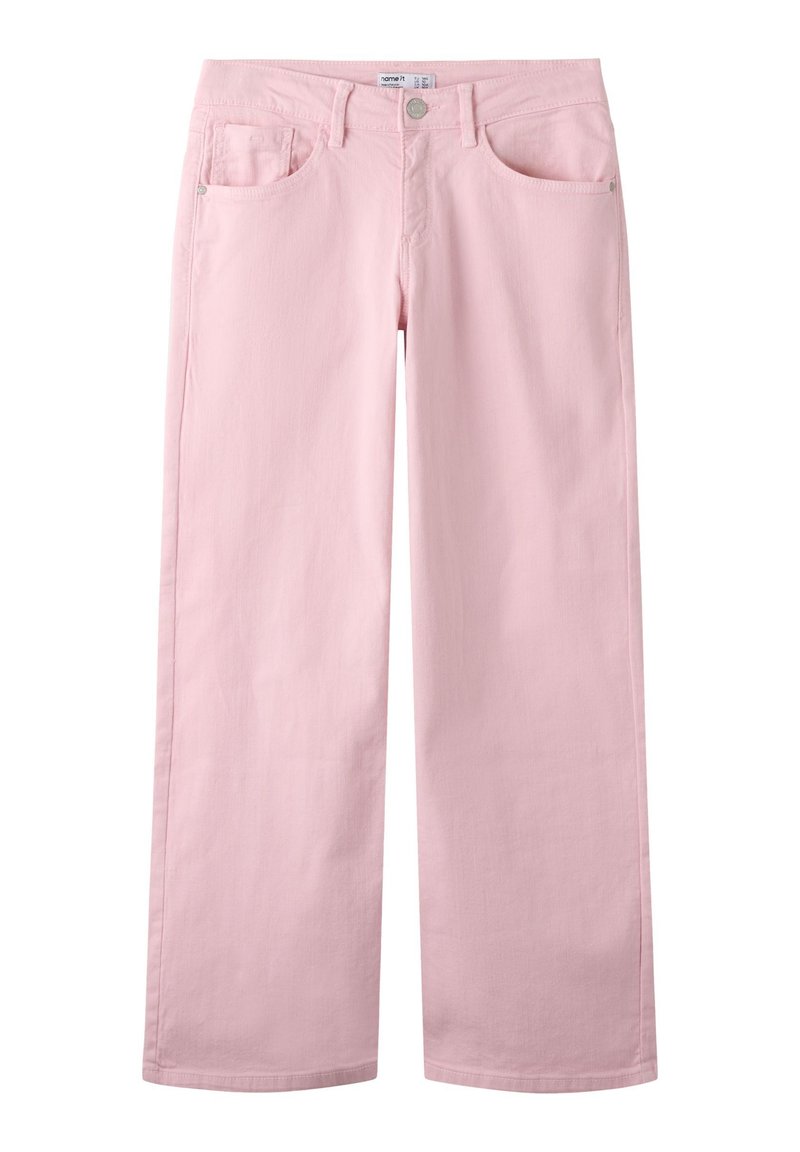 Lyserosa vide bukser i bomull med to frontlommer, knappelukking og minimale sømdetaljer.