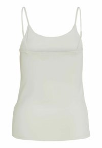 Top senza maniche di un beige chiaro con spalline sottili, texture liscia e silhouette aderente. Design semplice senza motivi o decorazioni.