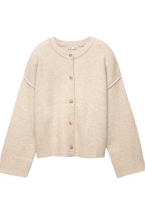 Cardigan beige en tricot avec un col rond, fermeture à boutons sur le devant, poignets côtelés et ourlet court, fabriqué à partir d'un tissu doux.