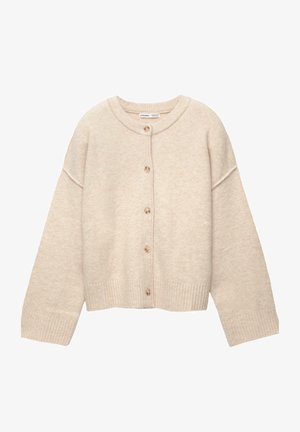 Beige knitted cardigan with a round neckline, button front closure, ribbed cuffs, and a cropped hem, made from soft fabric.