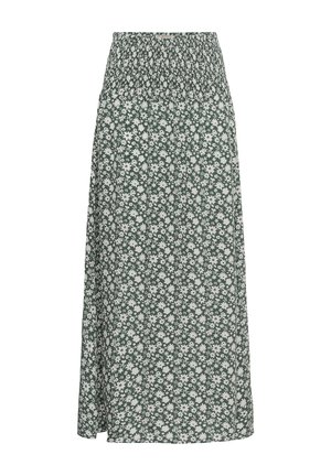 Falda midi verde con estampado floral blanco y cintura elástica fruncida, corte recto.