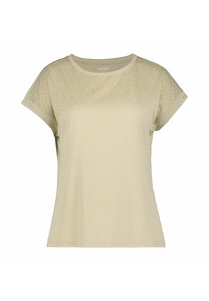 Camiseta de caqui claro con textura suave, mangas cortas y un diseño superior parcialmente translúcido con un patrón sutil.