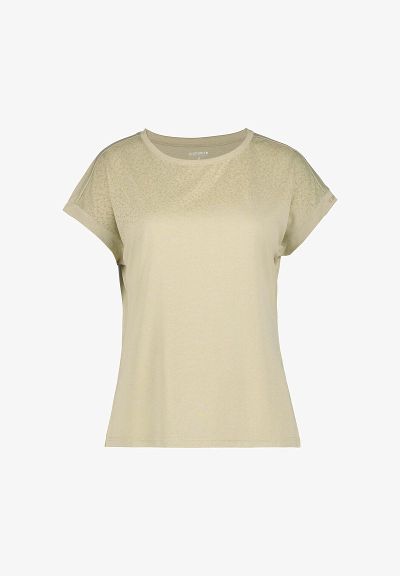 Lyse khaki t-shirt med en glat tekstur, korte ærmer og et delvist gennemsigtigt øverste design med et subtilt mønster.