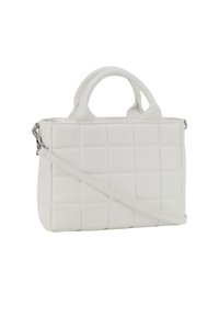 Borsa a mano bianca in pelle con motivo trapuntato, doppi manici e tracolla a scomparsa. Texture liscia con accessori in metallo argentato.