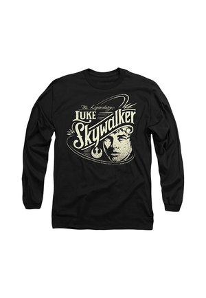 Schwarzes Langarmshirt mit Vintage-Grafik von Luke Skywalkers Gesicht und dem Text „The Legendary Luke Skywalker“ in Cremefarbe.