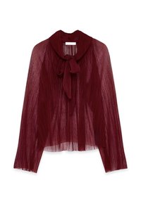 Burgundijska bluza s pliseji, dolgimi rokavi in podrobnostjo z vozlom pri ovratniku. Narejena iz lahkega, prosojnega materiala z navpičnimi črtami.