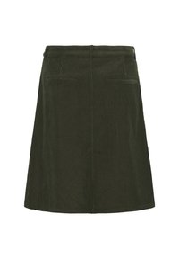 Groene corduroy skater rok met een aansluitende taille, twee achterzakken en een gestructureerd gestreept patroon. Middelmatig lange rok met een uitlopende silhout. 