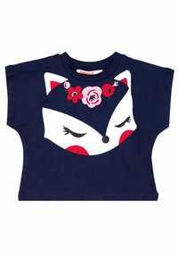 Granatowa bawełniana koszulka z krótkim rękawem z nadrukiem twarzy lisa udekorowanej kwiatową koroną w odcieniach czerwieni i różu.